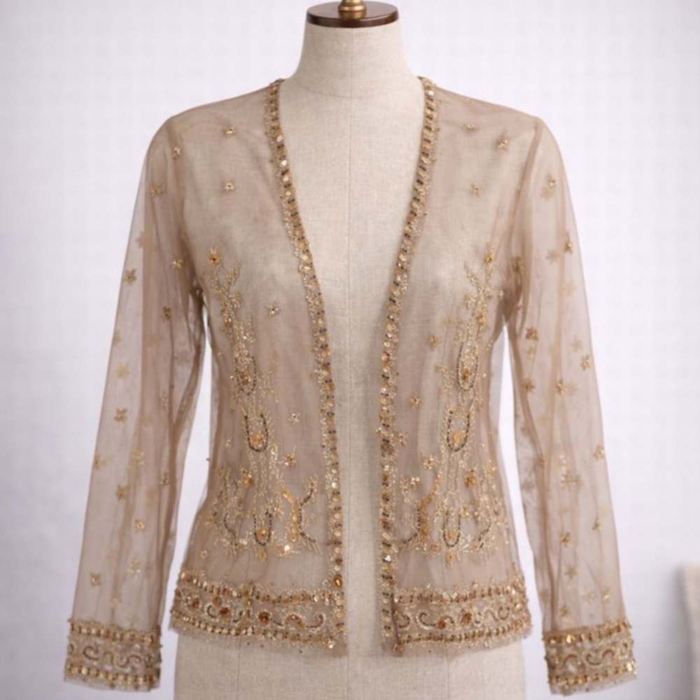 Spiegel Gold Sequin Sheer Top Sheer Embellished Mesh Evening Jacket / Top‎
